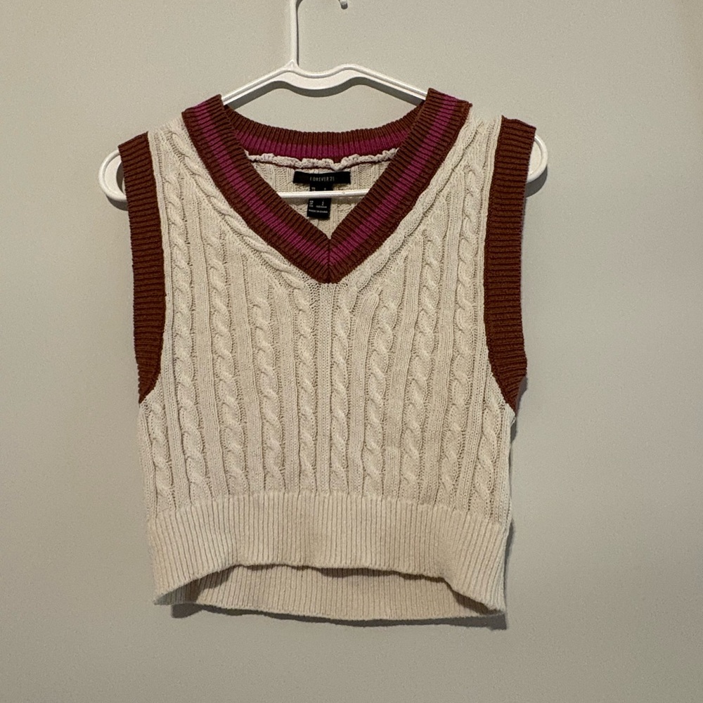 Forever 21 Cream and Brown V-Neck Sweater